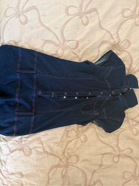 Urban Outfitters Dresses & Skirts - Dark Indigo Denim Button-Up Dress with Pink Topstitching